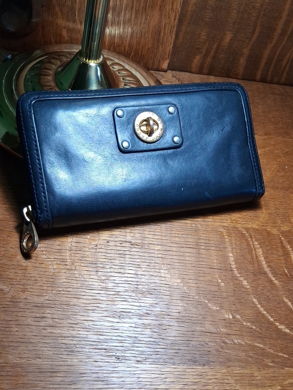 Marc by Marc Jacobs Black Leather Accordion Zip Around Wallet with Gold Hardware